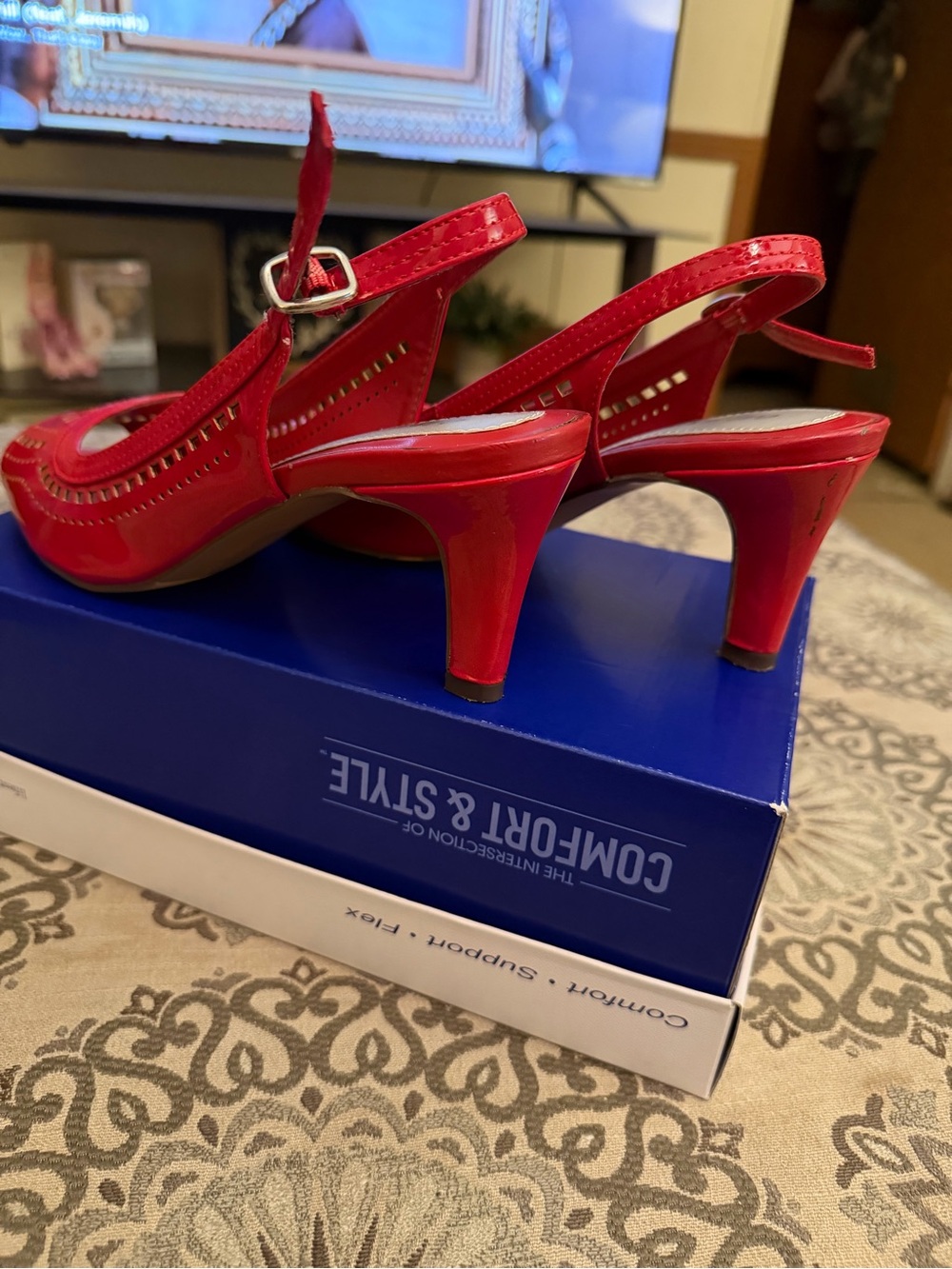 easy street Red Laser-Cut Patent Peep-Toe Slingback Heels - Picture 3 of 4
